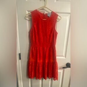 CeCe Red / Orange Lace Sleeveless Tiered Mini Dress